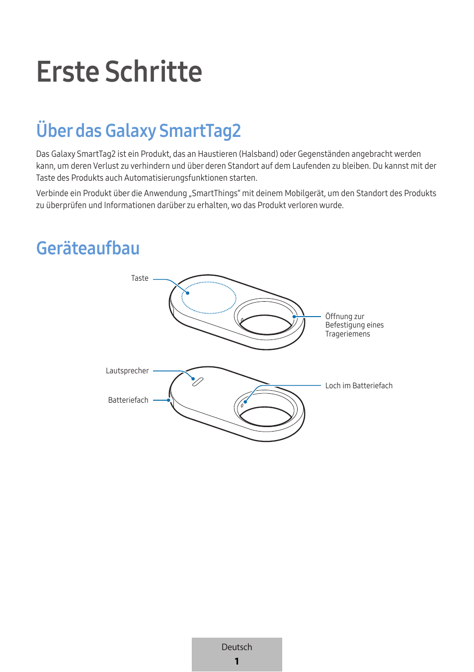 Deutsch, Erste schritte, Über das galaxy smarttag 2 | Geräteaufbau | Samsung SmartTag2 Wireless Tracker (White) User Manual | Page 47 / 798