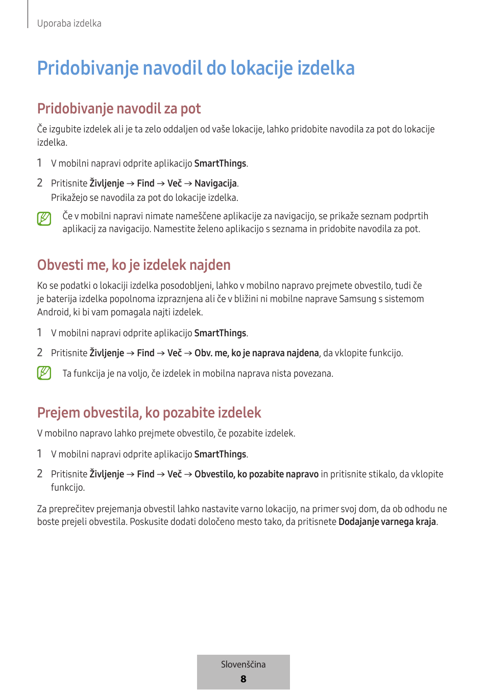 Pridobivanje navodil do lokacije izdelka, Pridobivanje navodil za pot, Obvesti me, ko je izdelek najden | Prejem obvestila, ko pozabite izdelek | Samsung SmartTag2 Wireless Tracker (White) User Manual | Page 472 / 798