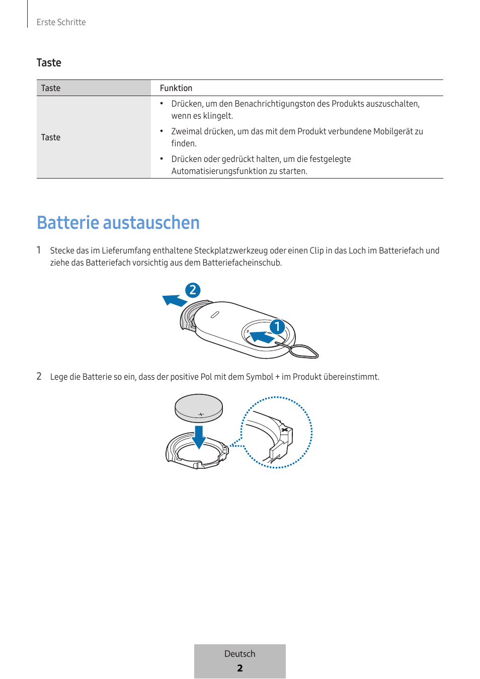 Batterie austauschen | Samsung SmartTag2 Wireless Tracker (White) User Manual | Page 48 / 798