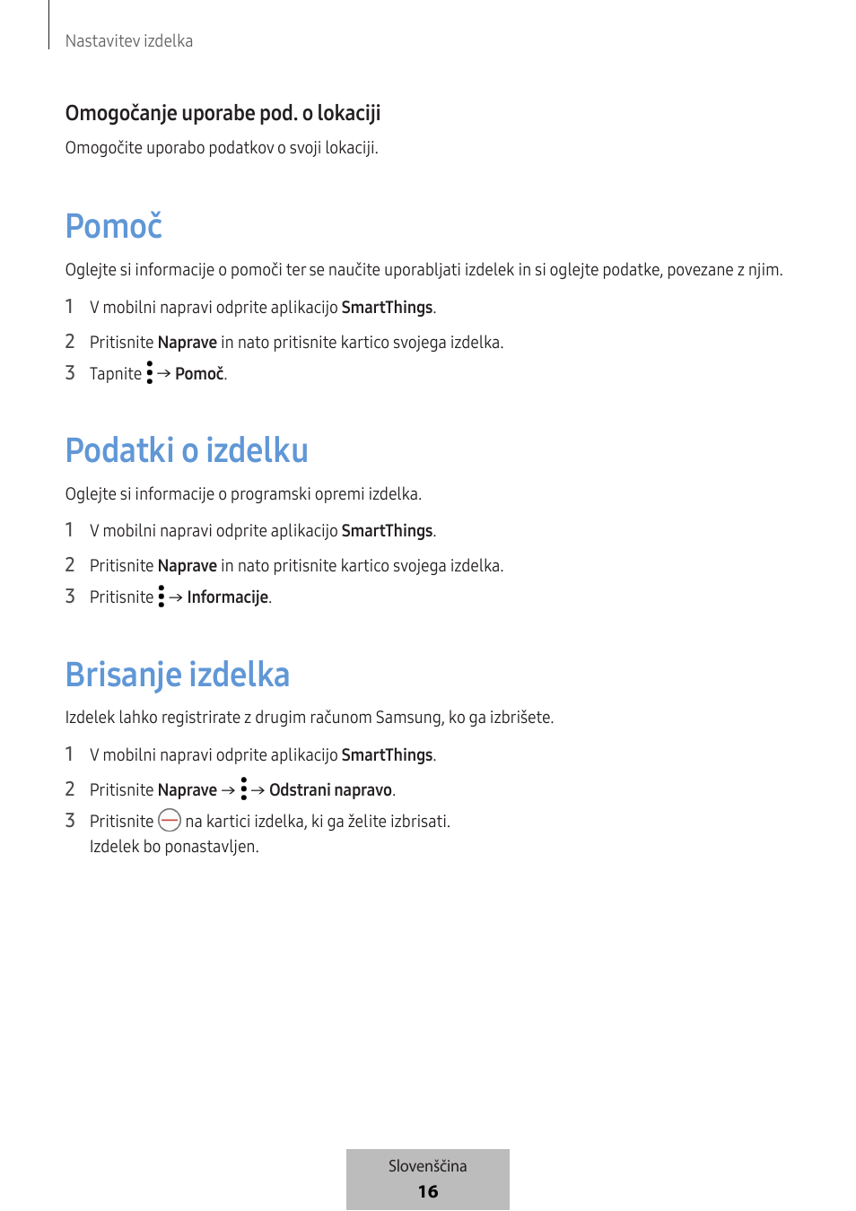 Pomoč, Podatki o izdelku, Brisanje izdelka | Omogočanje uporabe p od. o lokaciji | Samsung SmartTag2 Wireless Tracker (White) User Manual | Page 480 / 798