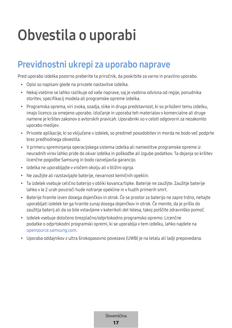 Obvestila o uporabi, Previdnostni ukrepi za uporabo naprave | Samsung SmartTag2 Wireless Tracker (White) User Manual | Page 481 / 798