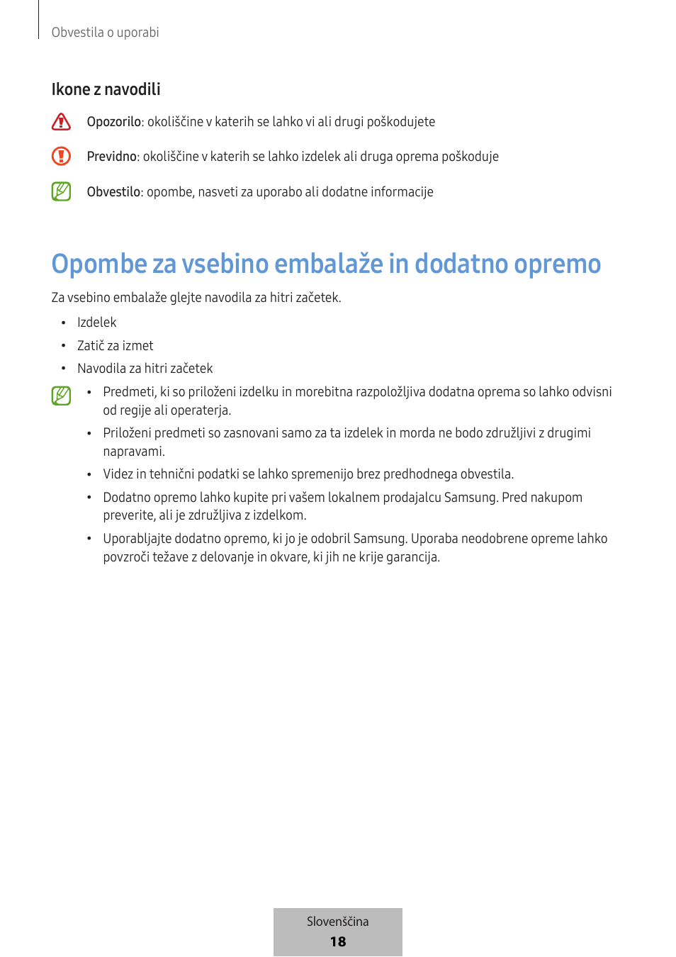 Opombe za vsebino embalaže in dodatno opremo, Ikone z navodili | Samsung SmartTag2 Wireless Tracker (White) User Manual | Page 482 / 798