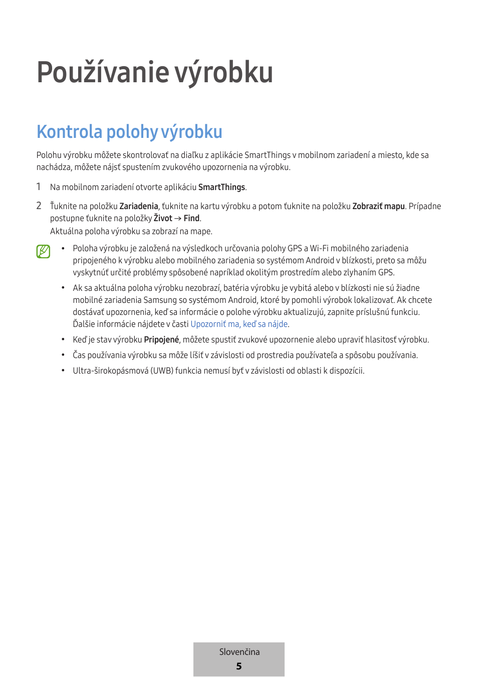 Používanie výrobku, Kontrola polohy výrobku | Samsung SmartTag2 Wireless Tracker (White) User Manual | Page 491 / 798