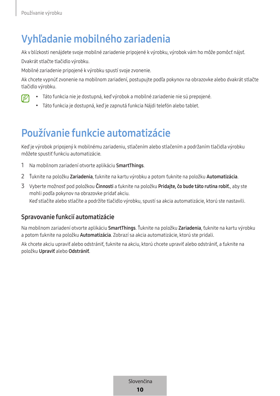 Vyhľadanie mobilného zariadenia, Používanie funkcie automatizácie, Spravovanie funkcií automatizácie | Samsung SmartTag2 Wireless Tracker (White) User Manual | Page 496 / 798