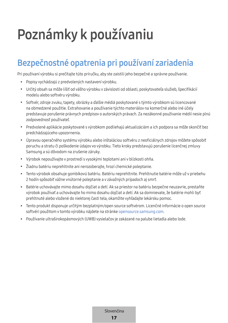 Poznámky k používaniu, Bezpečnostné opatrenia pri používaní zariadenia | Samsung SmartTag2 Wireless Tracker (White) User Manual | Page 503 / 798