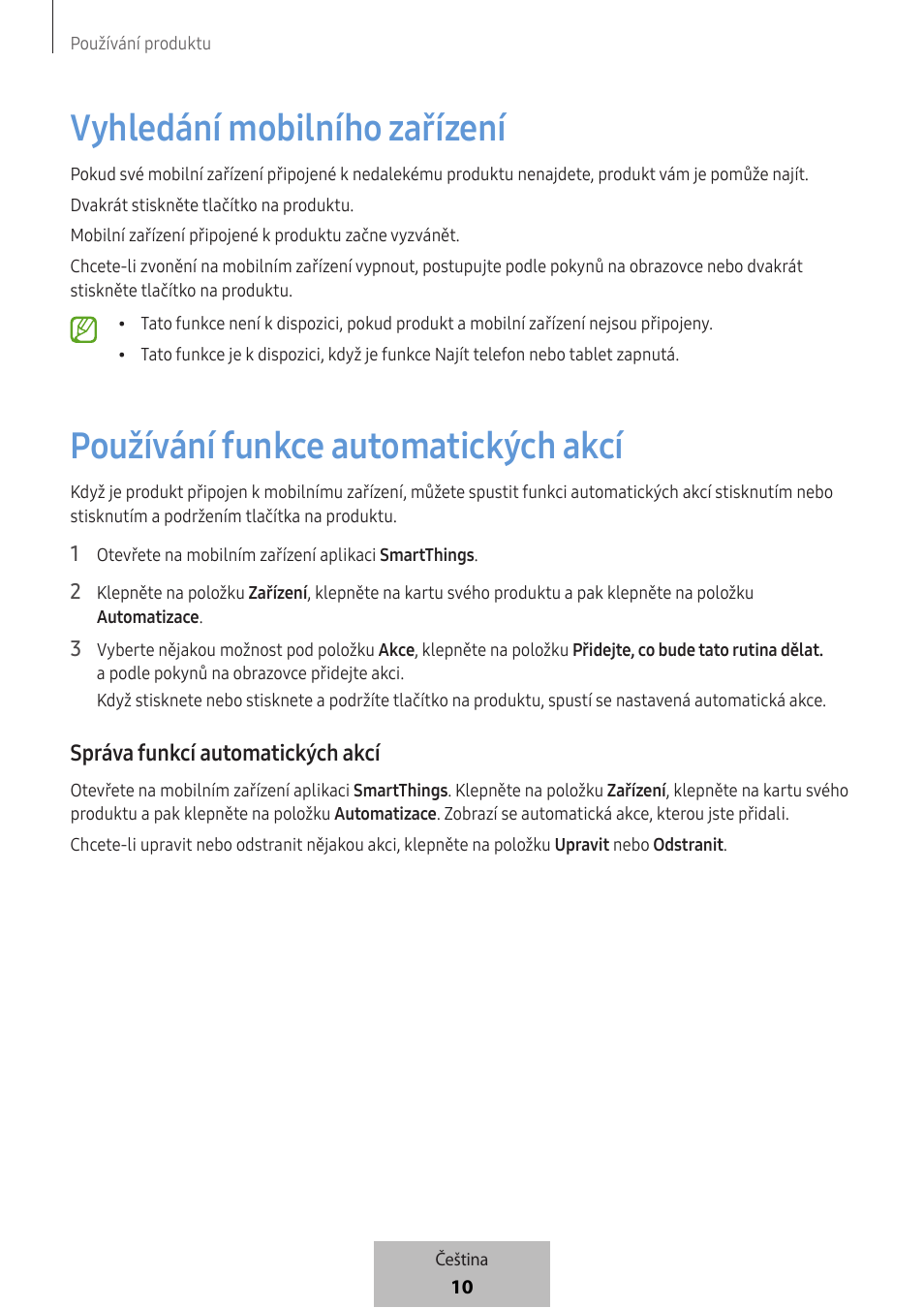 Vyhledání mobilního zařízení, Používání funkce automatických akcí, Správa funkcí automatických akcí | Samsung SmartTag2 Wireless Tracker (White) User Manual | Page 518 / 798