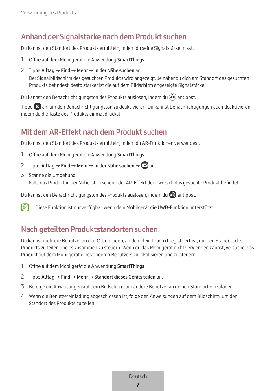 Anhand der signalstärke nach dem produkt suchen, Mit dem ar-effekt nach dem produkt suchen, Nach geteilten produktstandorten suchen | Samsung SmartTag2 Wireless Tracker (White) User Manual | Page 53 / 798