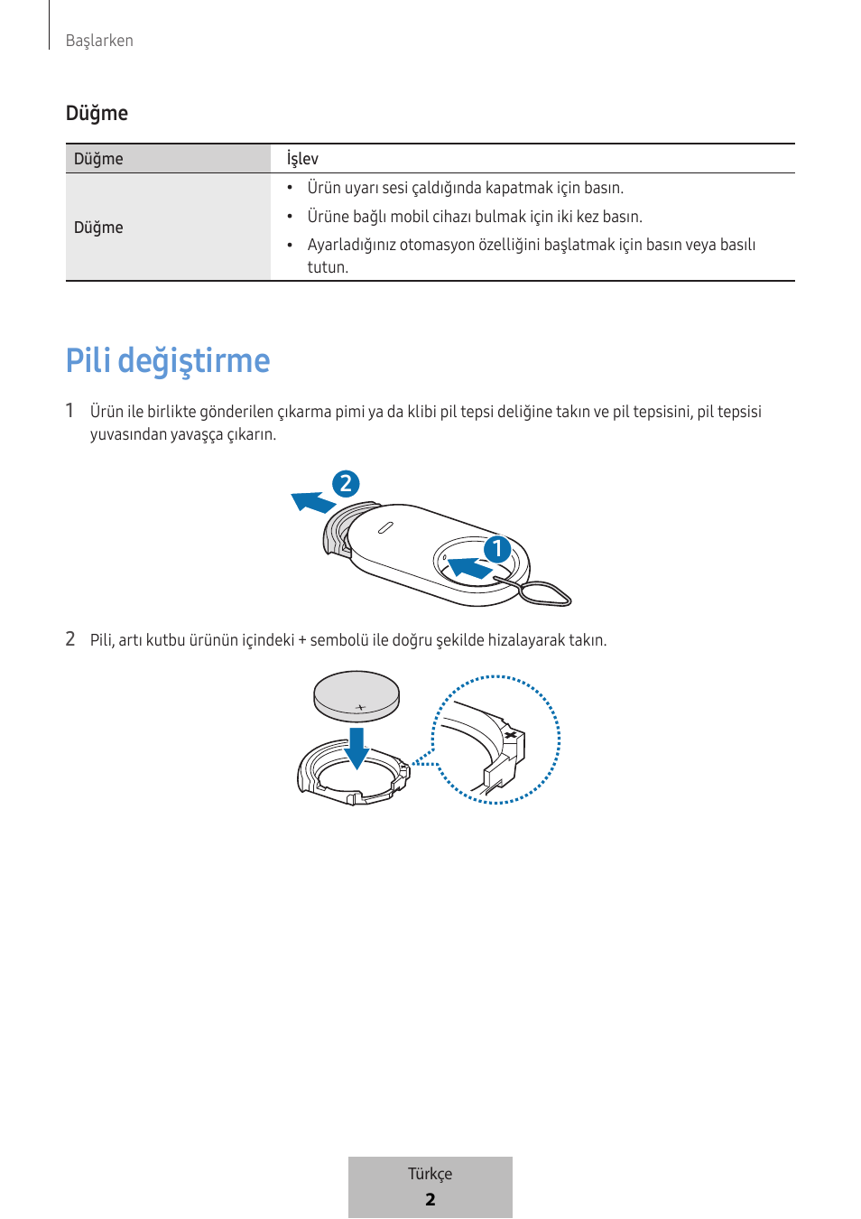 Pili değiştirme | Samsung SmartTag2 Wireless Tracker (White) User Manual | Page 532 / 798