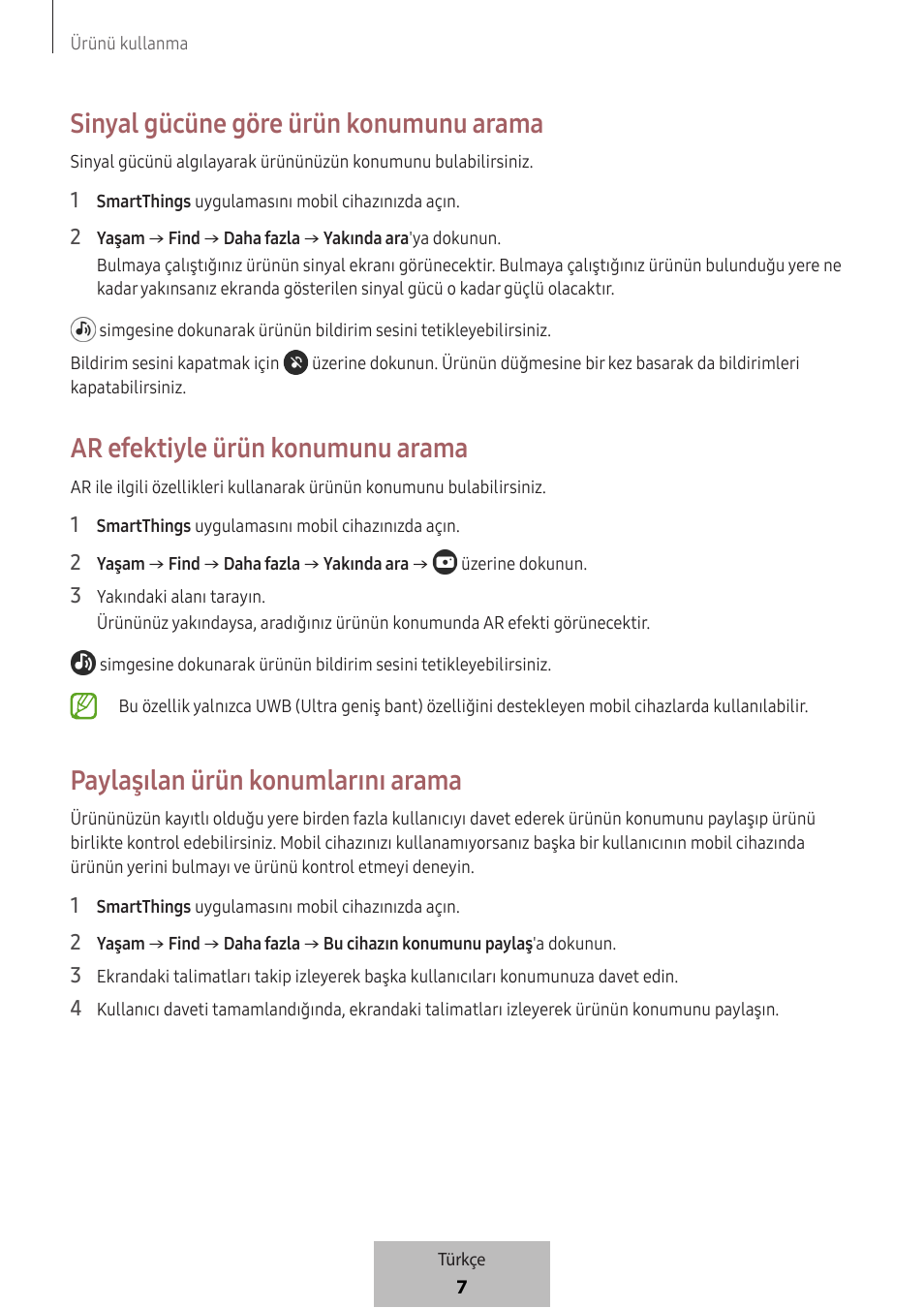 Sinyal gücüne göre ürün konumunu arama, Ar efektiyle ürün konumunu arama, Paylaşılan ürün konumlarını arama | Samsung SmartTag2 Wireless Tracker (White) User Manual | Page 537 / 798