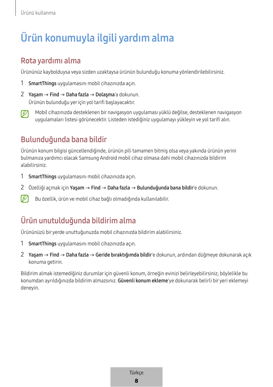 Ürün konumuyla ilgili yardım alma, Rota yardımı alma, Bulunduğunda bana bildir | Ürün unutulduğunda bildirim alma | Samsung SmartTag2 Wireless Tracker (White) User Manual | Page 538 / 798