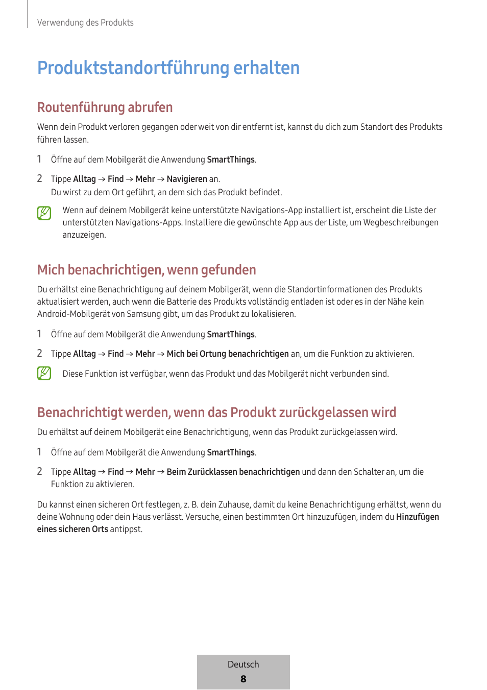 Produktstandortführung erhalten, Routenführung abrufen, Mich benachrichtig en, wenn gefunden | Samsung SmartTag2 Wireless Tracker (White) User Manual | Page 54 / 798