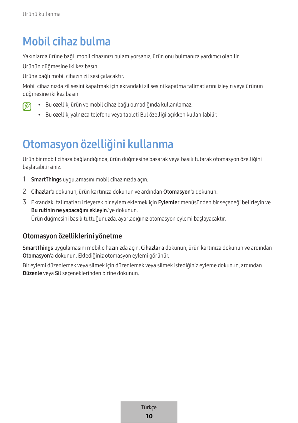 Mobil cihaz bulma, Otomasyon özelliğini kullanma, Otomasyon özelliklerini yönetme | Samsung SmartTag2 Wireless Tracker (White) User Manual | Page 540 / 798