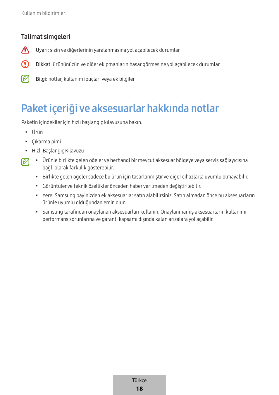 Paket içeriği ve aksesuarlar hakkında notlar, Talimat simgeleri | Samsung SmartTag2 Wireless Tracker (White) User Manual | Page 548 / 798