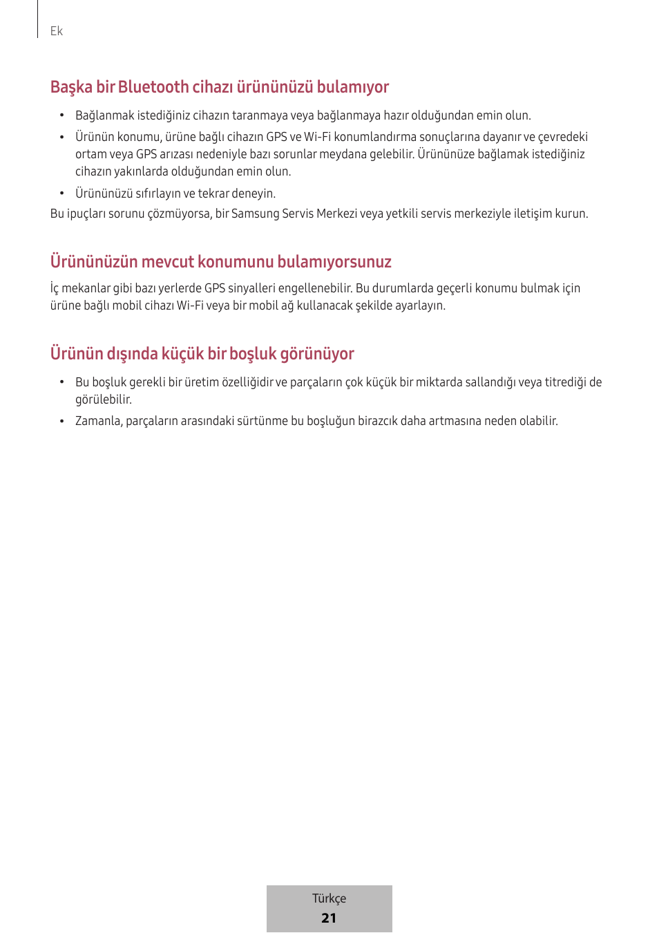 Başka bir bluetooth cihazı ürününüzü bulamıyor, Ürününüzün mevcut konumunu bulamıyorsunuz, Ürünün dışında küçük bir boşluk görünüyor | Samsung SmartTag2 Wireless Tracker (White) User Manual | Page 551 / 798