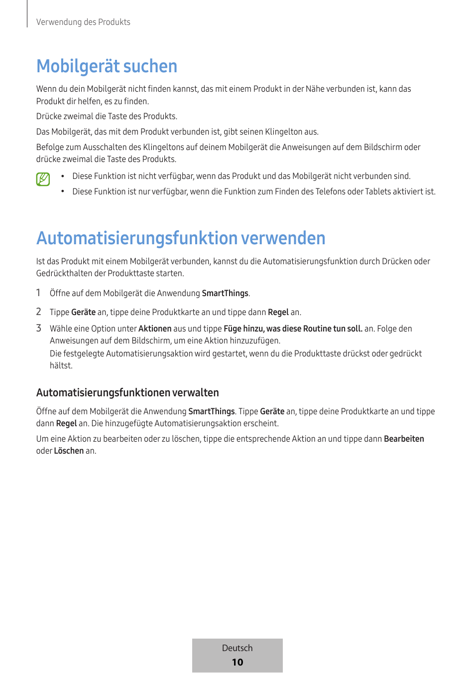 Mobilgerät suchen, Automatisierungsfunktion verwenden, Automatisierungsfunktionen verwalten | Samsung SmartTag2 Wireless Tracker (White) User Manual | Page 56 / 798