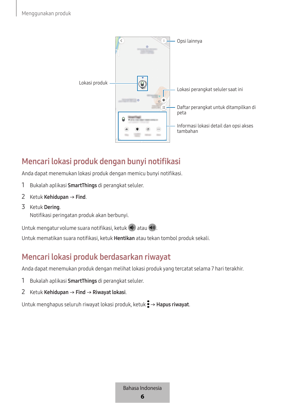 Mencari lokasi produk dengan bunyi notifikasi, Mencari lokasi produk berdasarkan riwayat | Samsung SmartTag2 Wireless Tracker (White) User Manual | Page 581 / 798