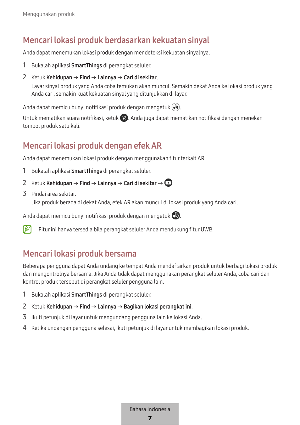 Mencari lokasi produk berdasarkan kekuatan sinyal, Mencari lokasi produk dengan efek ar, Mencari lokasi produk bersama | Samsung SmartTag2 Wireless Tracker (White) User Manual | Page 582 / 798