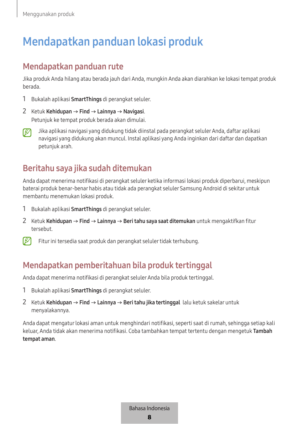 Mendapatkan panduan lokasi produk, Mendapatkan panduan rute, Beritahu saya jika sudah ditemukan | Mendapatkan pemberitahuan bila produk tertinggal | Samsung SmartTag2 Wireless Tracker (White) User Manual | Page 583 / 798