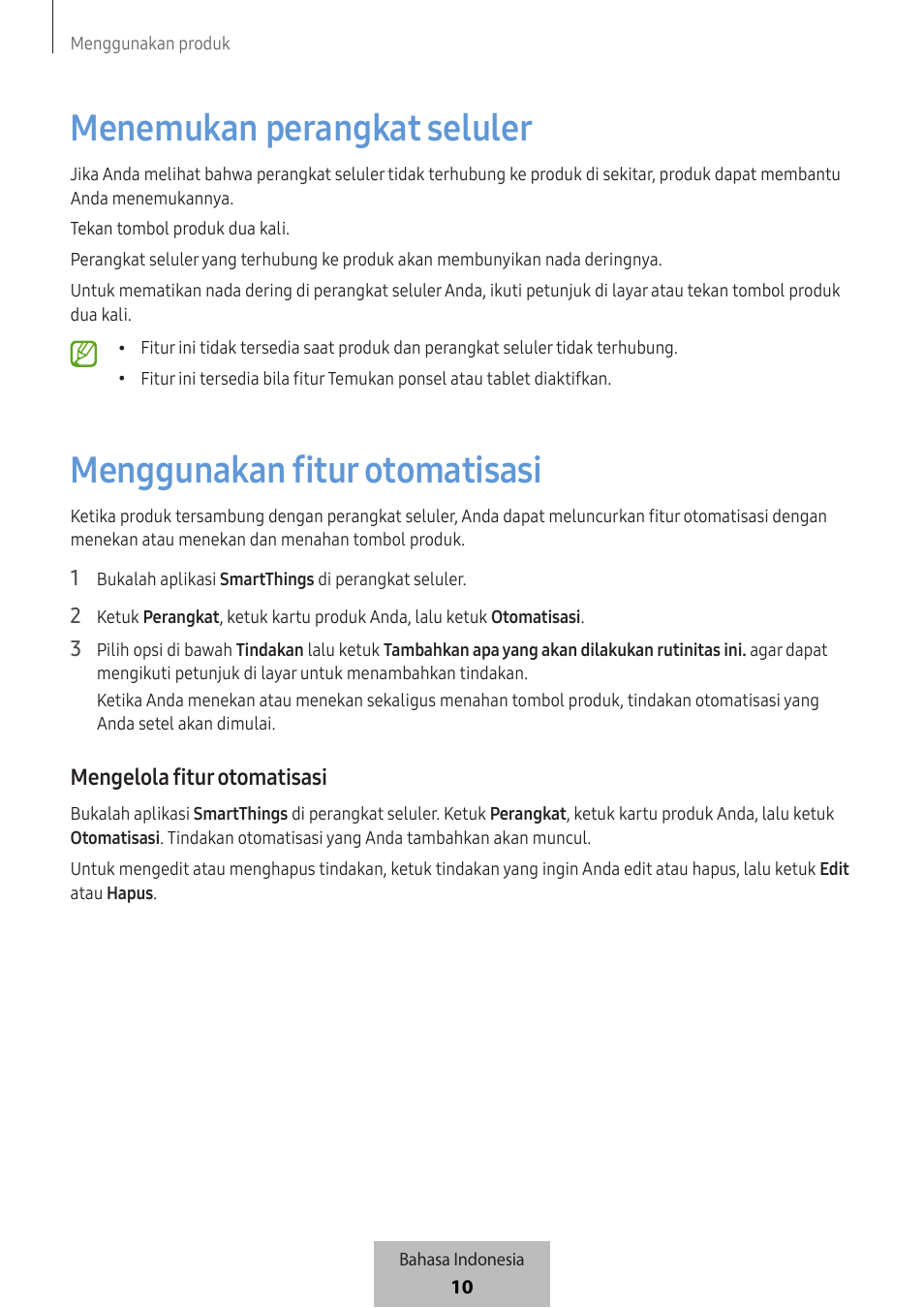 Menemukan perangkat seluler, Menggunakan fitur otomatisasi, Mengelola fitur otomatisasi | Samsung SmartTag2 Wireless Tracker (White) User Manual | Page 585 / 798