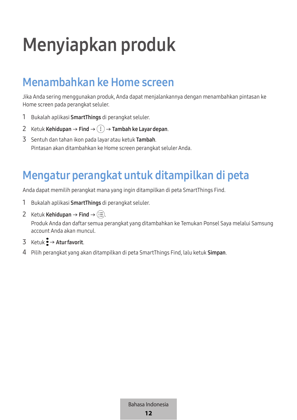 Menyiapkan produk, Menambahkan ke home screen, Mengatur perangkat untuk ditampilkan di peta | Samsung SmartTag2 Wireless Tracker (White) User Manual | Page 587 / 798