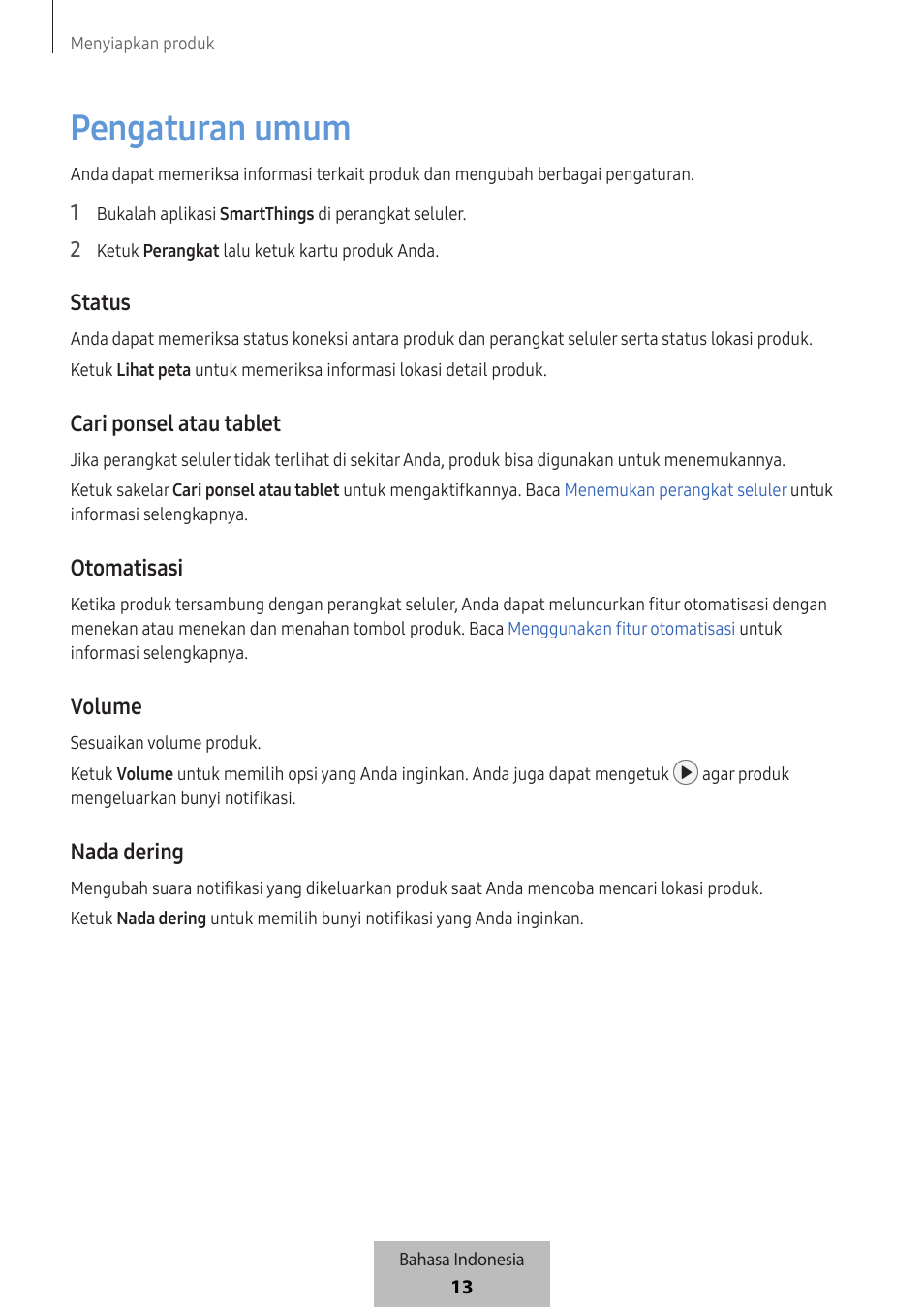 Pengaturan umum, Status, Cari ponsel atau tablet | Otomatisasi, Volume, Nada dering | Samsung SmartTag2 Wireless Tracker (White) User Manual | Page 588 / 798