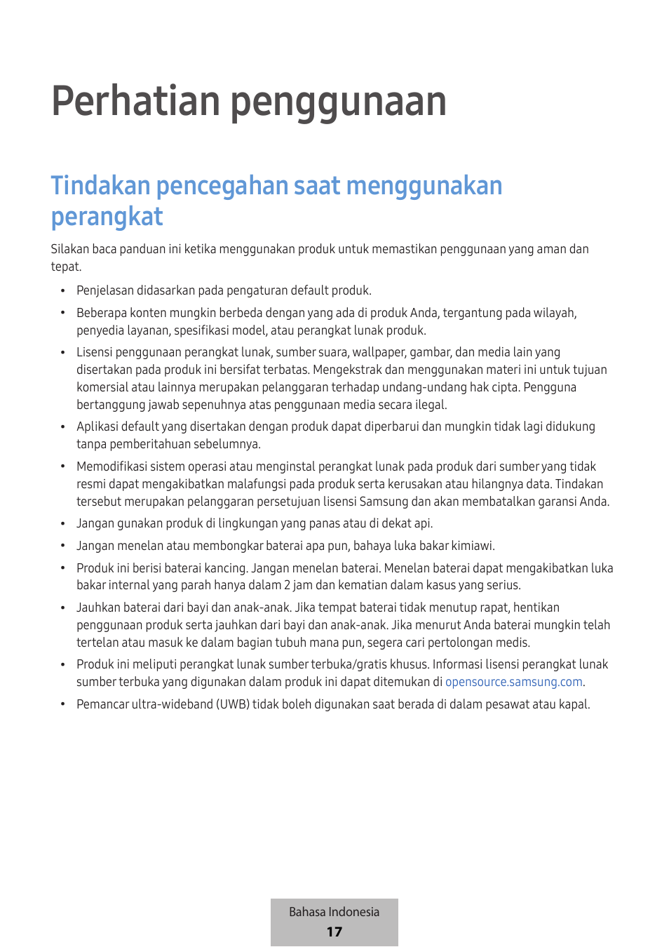 Perhatian penggunaan, Tindakan pencegahan saat menggunakan perangkat | Samsung SmartTag2 Wireless Tracker (White) User Manual | Page 592 / 798