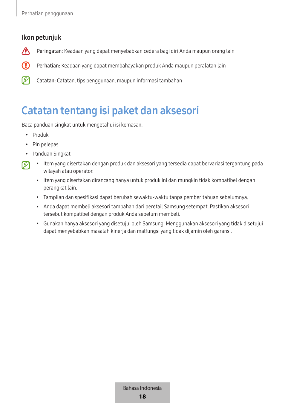 Catatan tentang isi paket dan aksesori, Ikon petunjuk | Samsung SmartTag2 Wireless Tracker (White) User Manual | Page 593 / 798