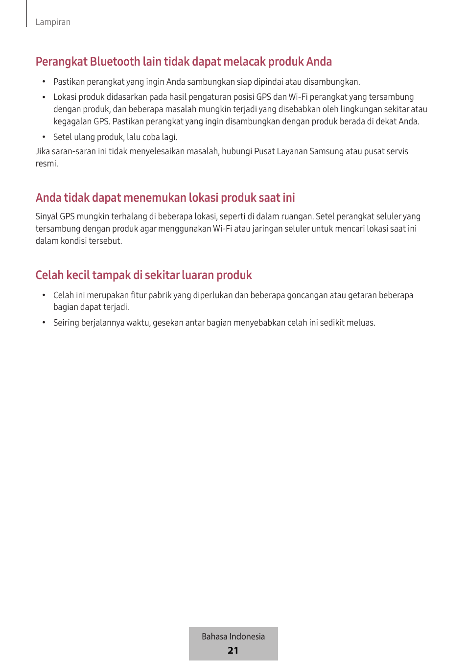 Anda tidak dapat menemukan lokasi produk saat ini, Celah kecil tampak di sekitar luaran produk | Samsung SmartTag2 Wireless Tracker (White) User Manual | Page 596 / 798