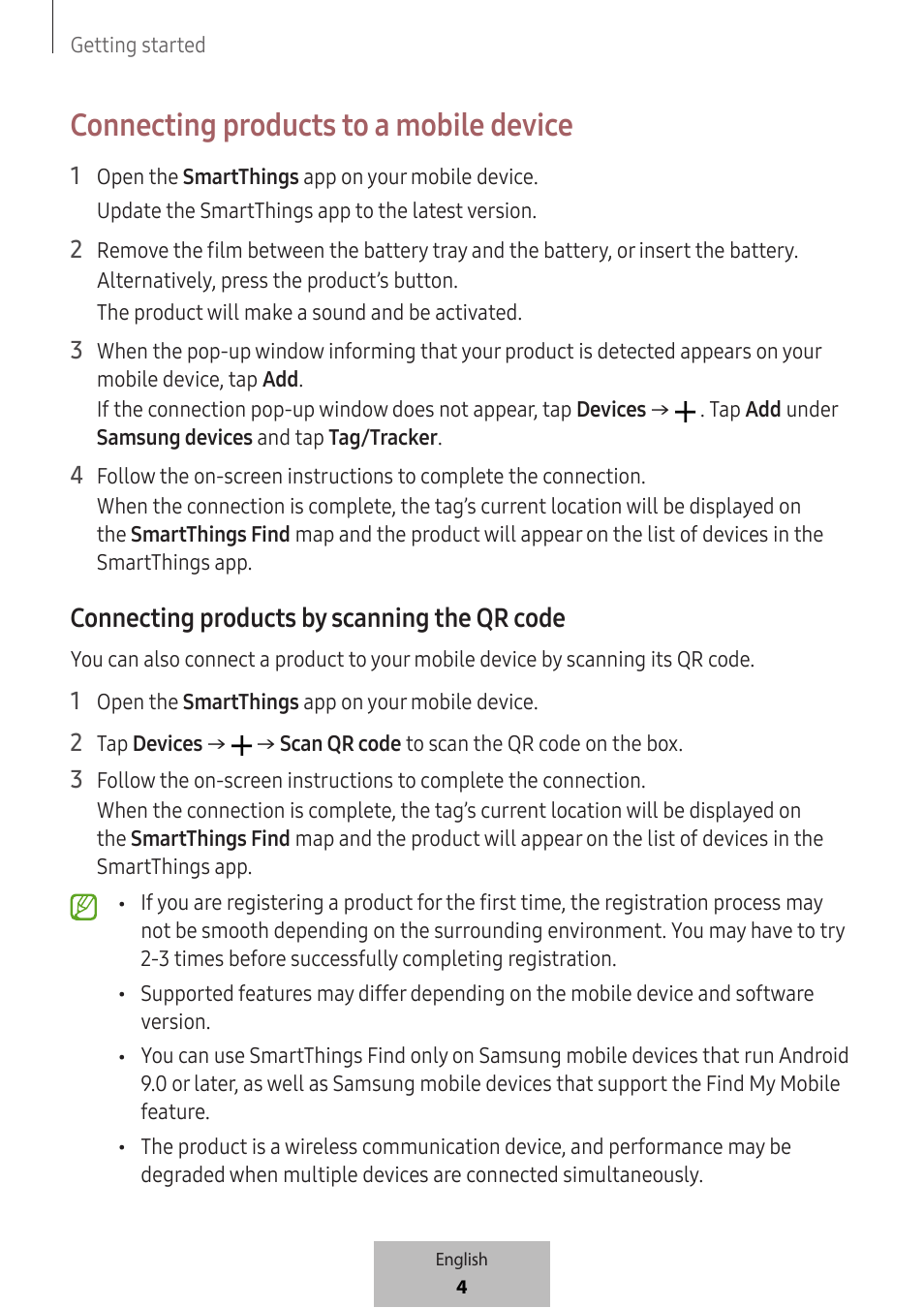 Connecting products to a mobile device, Connecting products by scanning the qr code | Samsung SmartTag2 Wireless Tracker (White) User Manual | Page 6 / 798