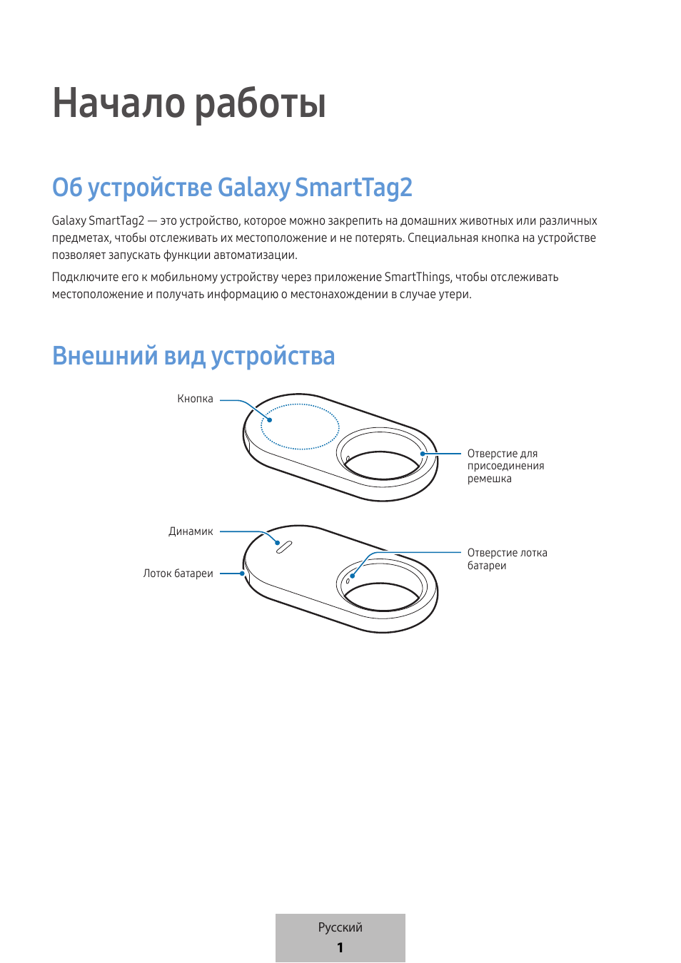 Русский, Начало работы, Об устройстве galaxy smarttag 2 | Внешний вид устройства | Samsung SmartTag2 Wireless Tracker (White) User Manual | Page 620 / 798