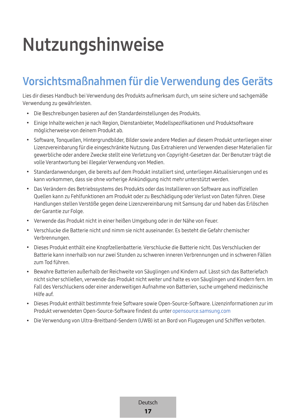 Nutzungshinweise, Vorsichtsmaßnahmen für die verwendung des geräts | Samsung SmartTag2 Wireless Tracker (White) User Manual | Page 63 / 798