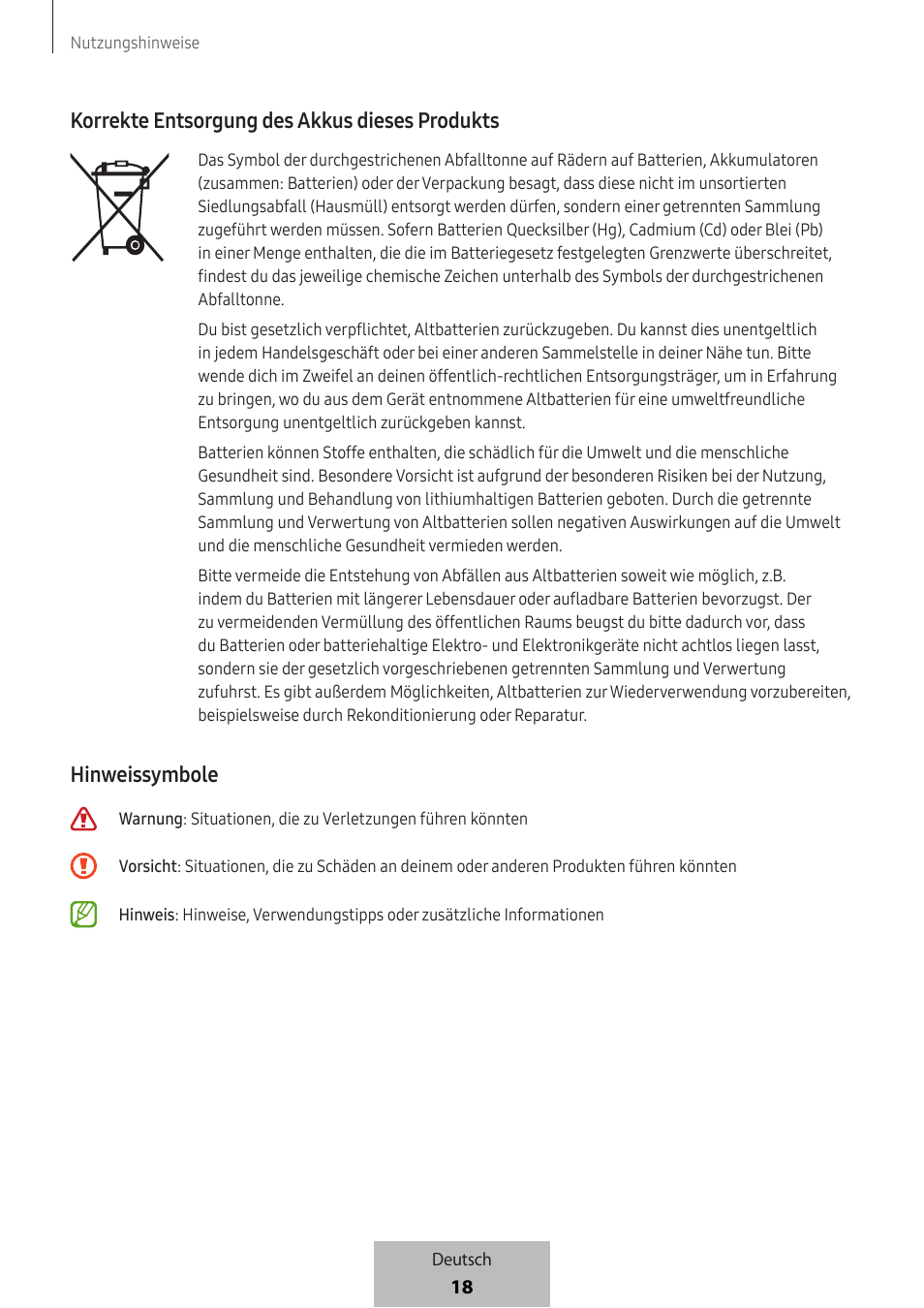 18 korrekte entsorgung des akkus dieses produkts, Hinweissymbole | Samsung SmartTag2 Wireless Tracker (White) User Manual | Page 64 / 798