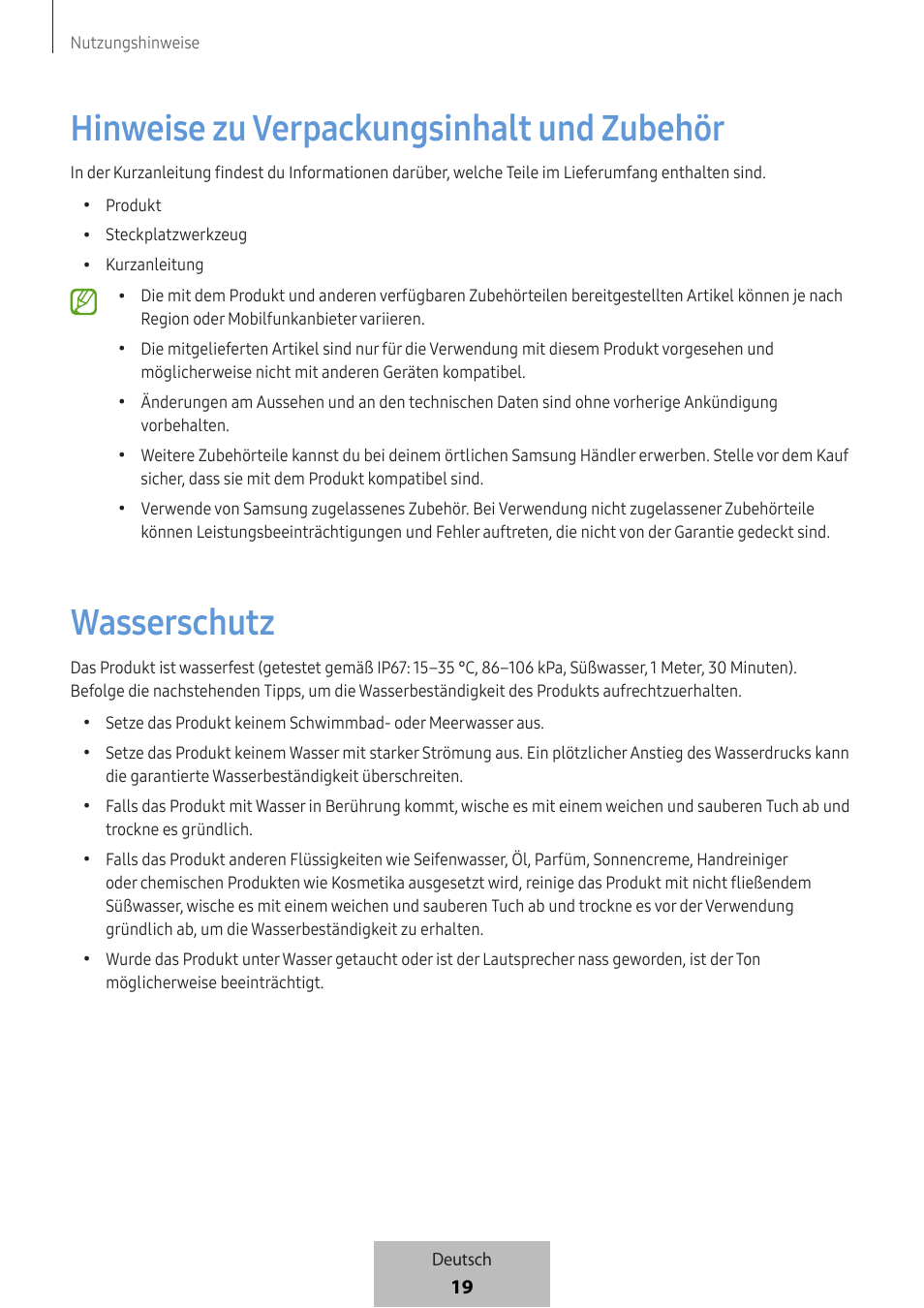 Hinweise zu verpackungsinhalt und zubehör, Wasserschutz | Samsung SmartTag2 Wireless Tracker (White) User Manual | Page 65 / 798