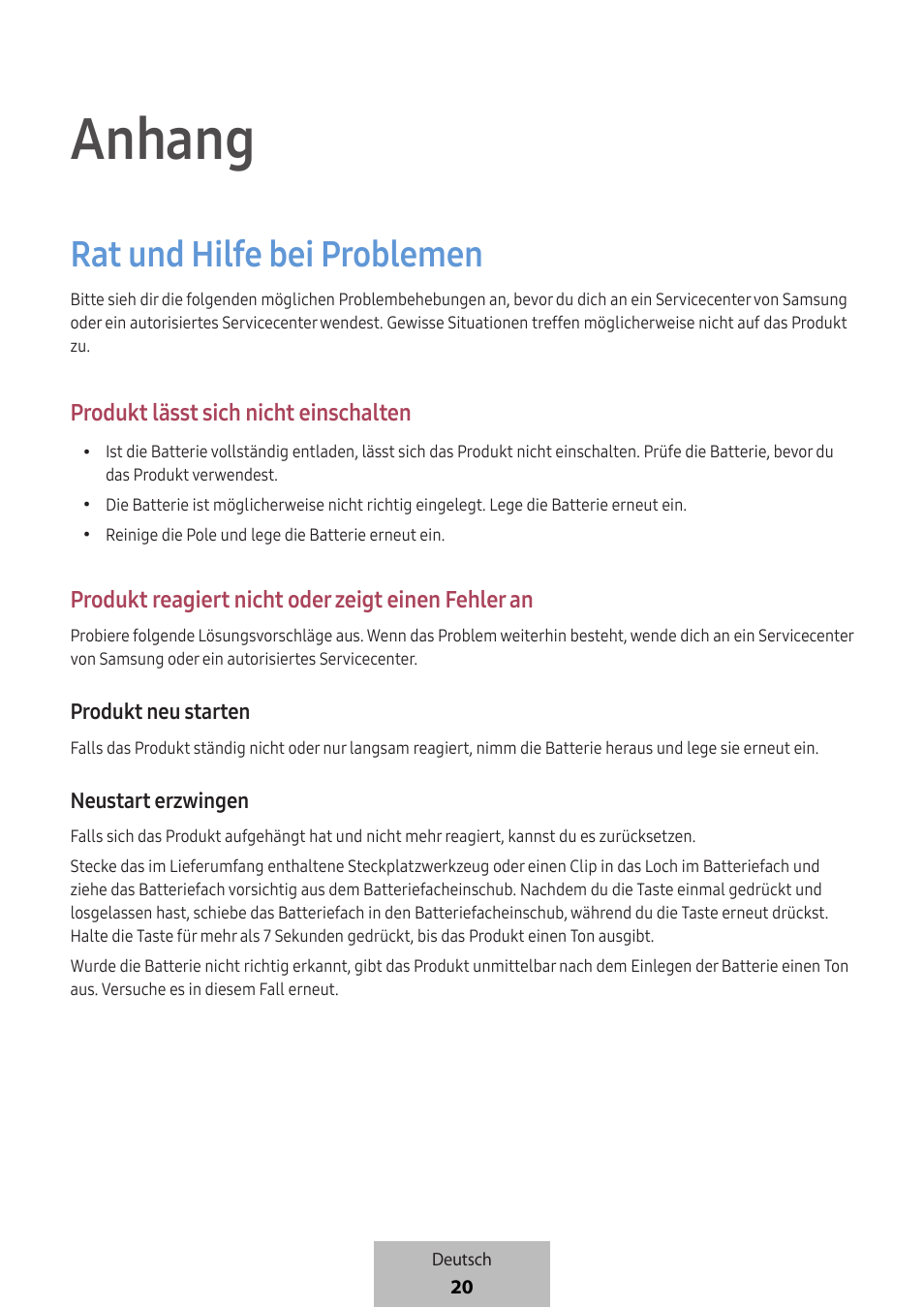 Anhang, Rat und hilfe bei problemen | Samsung SmartTag2 Wireless Tracker (White) User Manual | Page 66 / 798