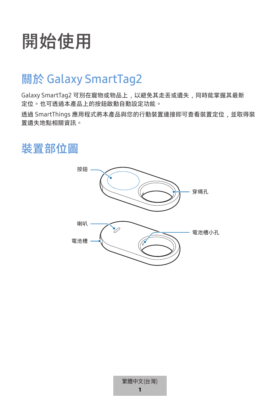 繁體中文(台灣), 開始使用, 關於 galaxy smarttag2 | 裝置部位圖 | Samsung SmartTag2 Wireless Tracker (White) User Manual | Page 688 / 798