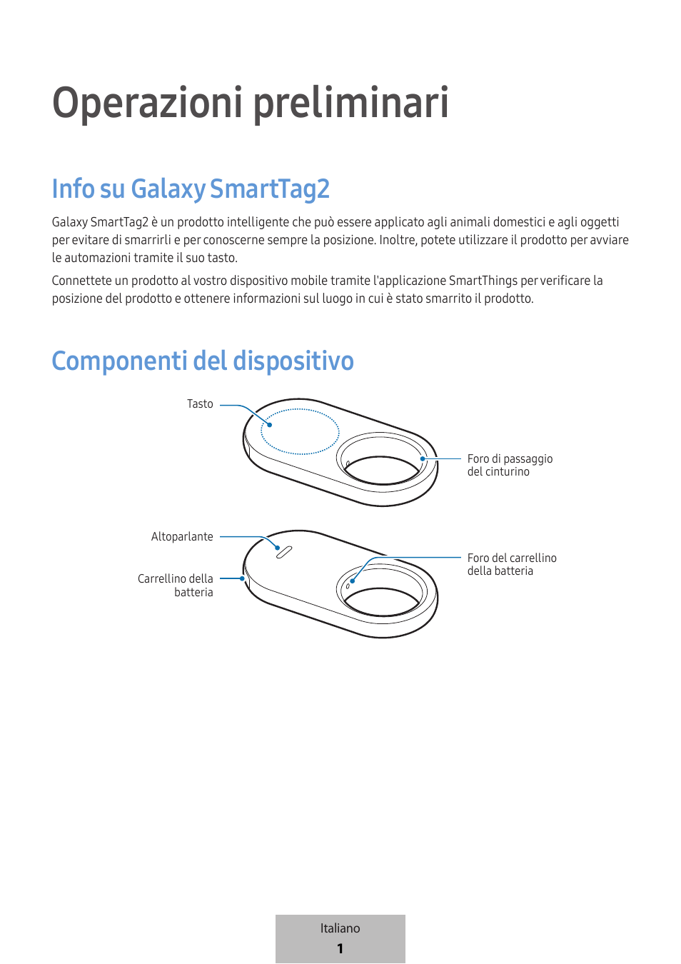 Italiano, Operazioni preliminari, Info su galaxy smarttag2 | Componenti del dispositivo | Samsung SmartTag2 Wireless Tracker (White) User Manual | Page 69 / 798