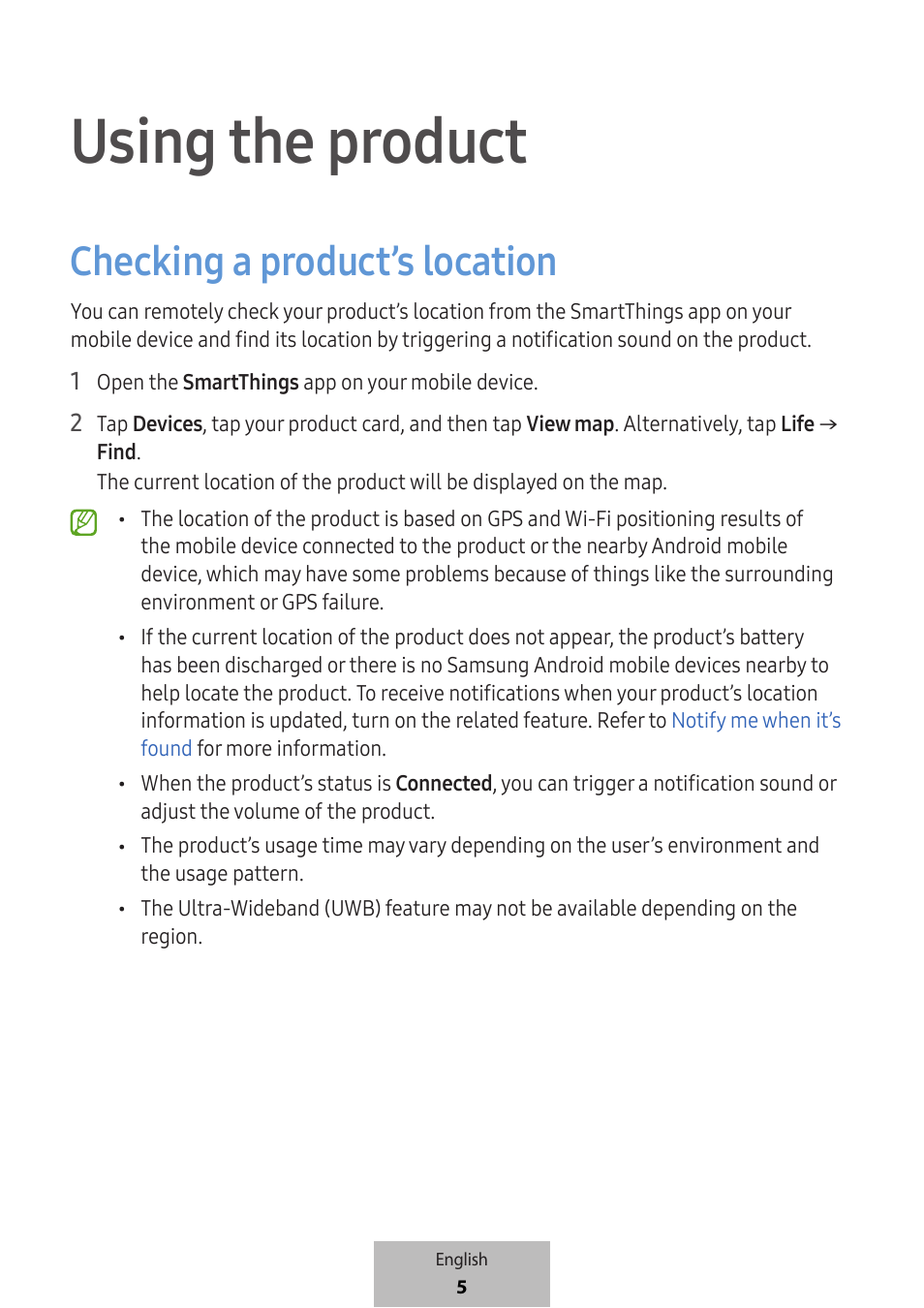 Using the product, Checking a product’s location | Samsung SmartTag2 Wireless Tracker (White) User Manual | Page 7 / 798