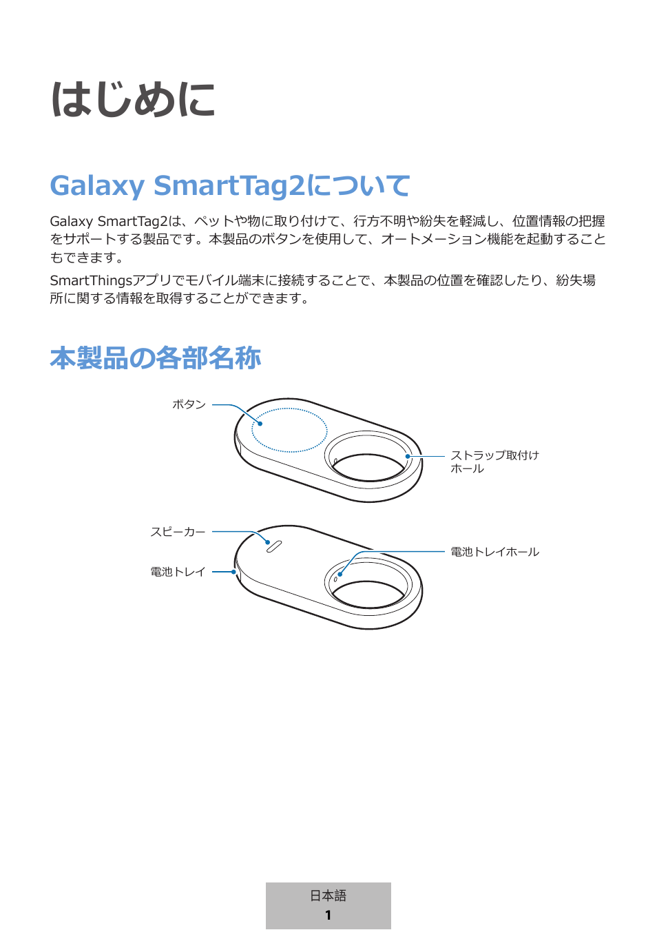 はじめに, Galaxy smarttag2 について, 本製品の各部名称 | Samsung SmartTag2 Wireless Tracker (White) User Manual | Page 711 / 798