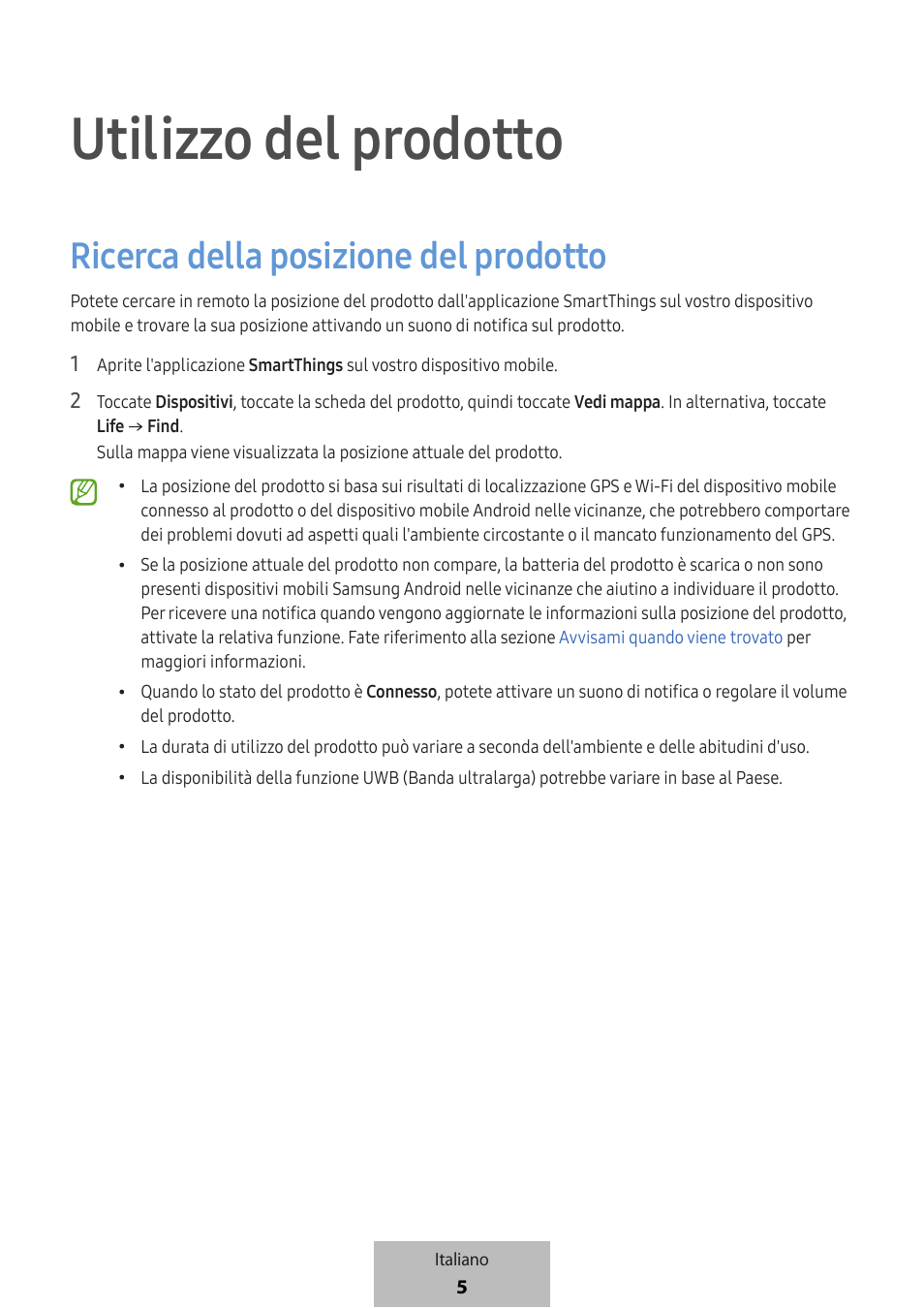 Utilizzo del prodotto, Ricerca della posizione del prodotto | Samsung SmartTag2 Wireless Tracker (White) User Manual | Page 73 / 798