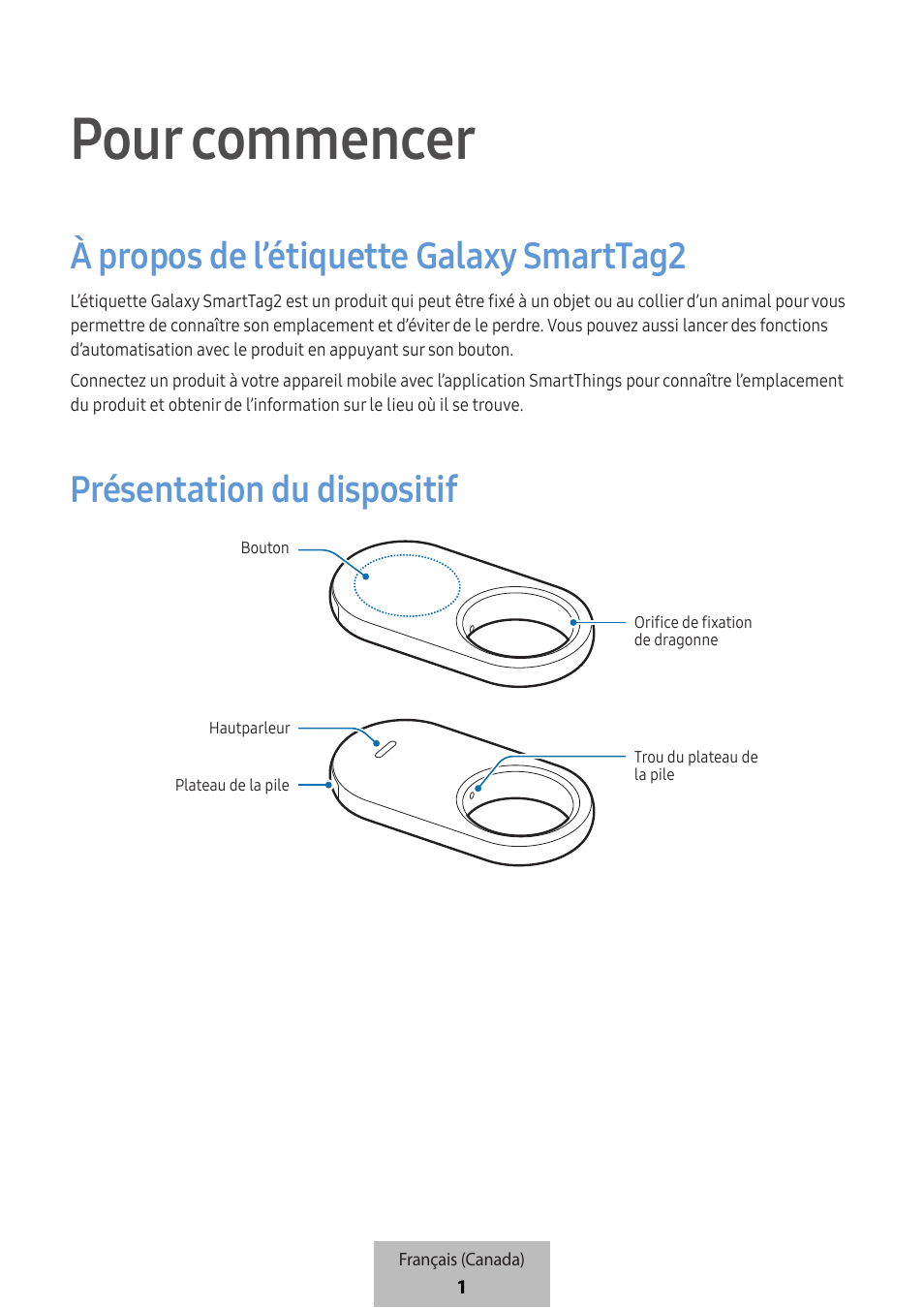 Français (canada), Pour commencer, À propos de l’étiquette galaxy smarttag2 | Présentation du dispositif | Samsung SmartTag2 Wireless Tracker (White) User Manual | Page 735 / 798