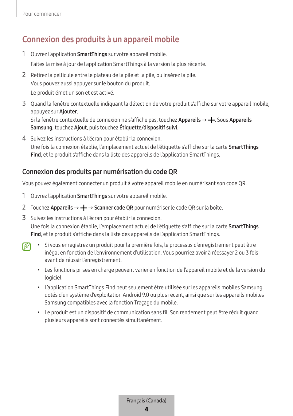 Connexion des produits à un appareil mobile, Connexion des produits par numérisation du code qr | Samsung SmartTag2 Wireless Tracker (White) User Manual | Page 738 / 798