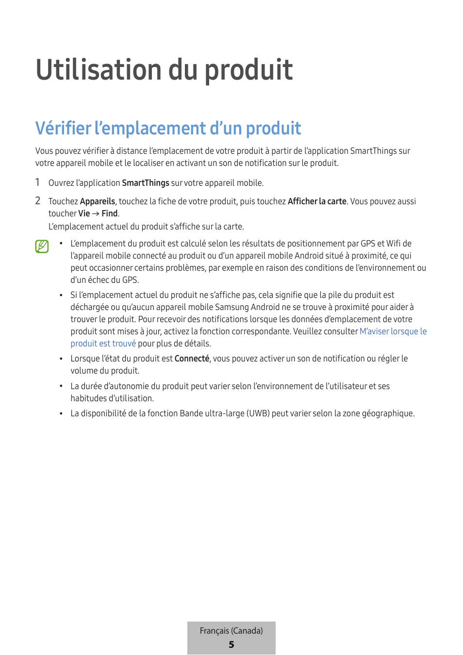 Utilisation du produit, Vérifier l’emplacement d’un produit | Samsung SmartTag2 Wireless Tracker (White) User Manual | Page 739 / 798