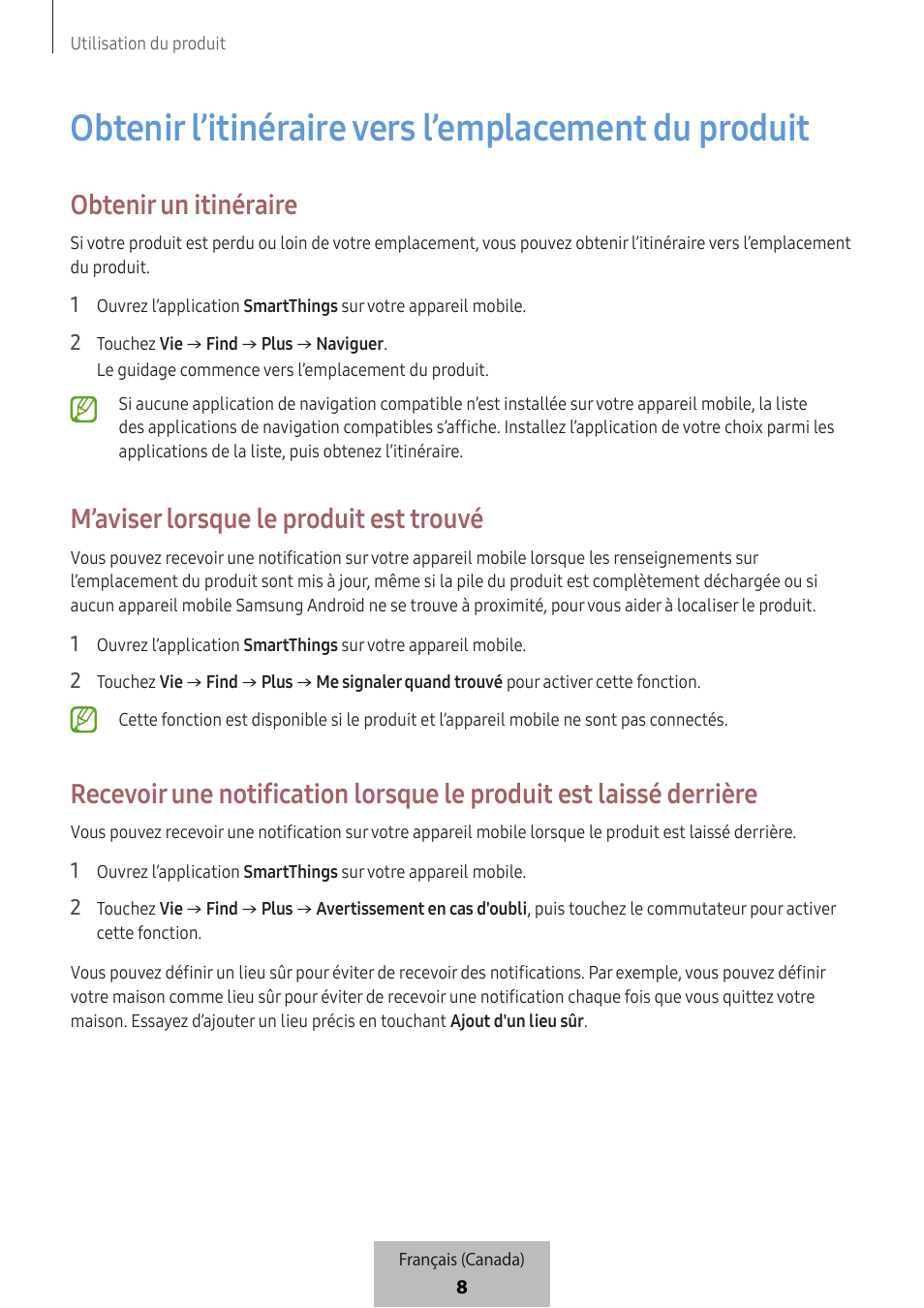 Obtenir l’itinéraire vers l’emplacement du produit, Obtenir un itinéraire, M’aviser lorsque le produit est trouvé | Samsung SmartTag2 Wireless Tracker (White) User Manual | Page 742 / 798