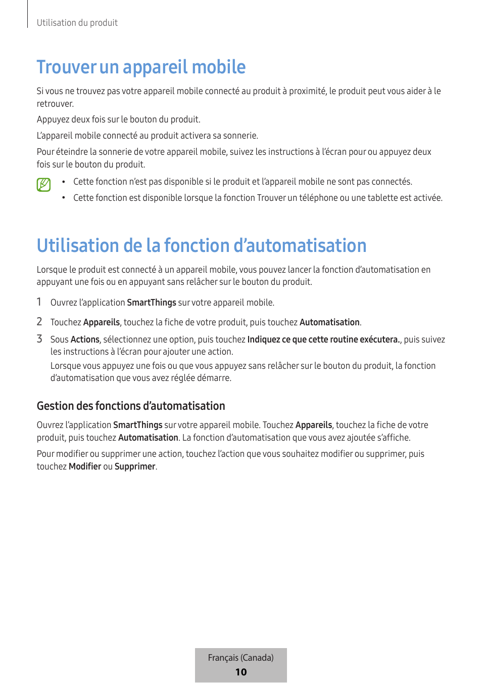 Trouver un appareil mobile, Utilisation de la fonction d’automatisation, Gestion des fonctions d’automatisation | Samsung SmartTag2 Wireless Tracker (White) User Manual | Page 744 / 798