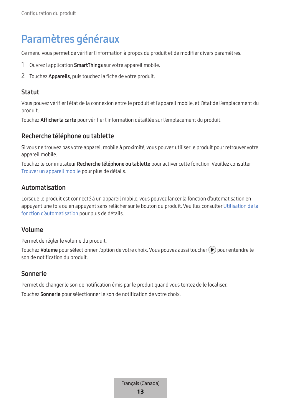 Paramètres généraux, Statut, Recherche téléphone ou tablette | Automatisation, Volume, Sonnerie | Samsung SmartTag2 Wireless Tracker (White) User Manual | Page 747 / 798