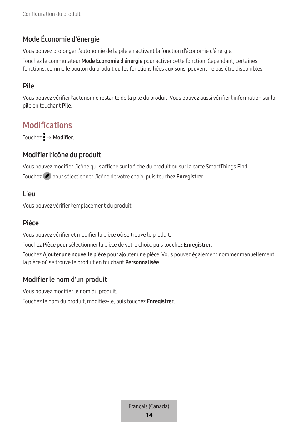 Modifications, Mode économie d'énergie, Pile | Modifier l’icône du produit, Lieu, Pièce, Modifier le nom d’un produit | Samsung SmartTag2 Wireless Tracker (White) User Manual | Page 748 / 798