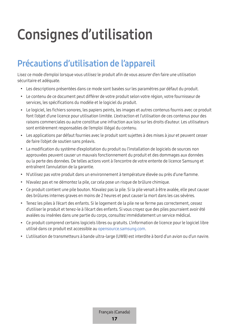 Consignes d’utilisation, Précautions d’utilisation de l’appareil | Samsung SmartTag2 Wireless Tracker (White) User Manual | Page 751 / 798