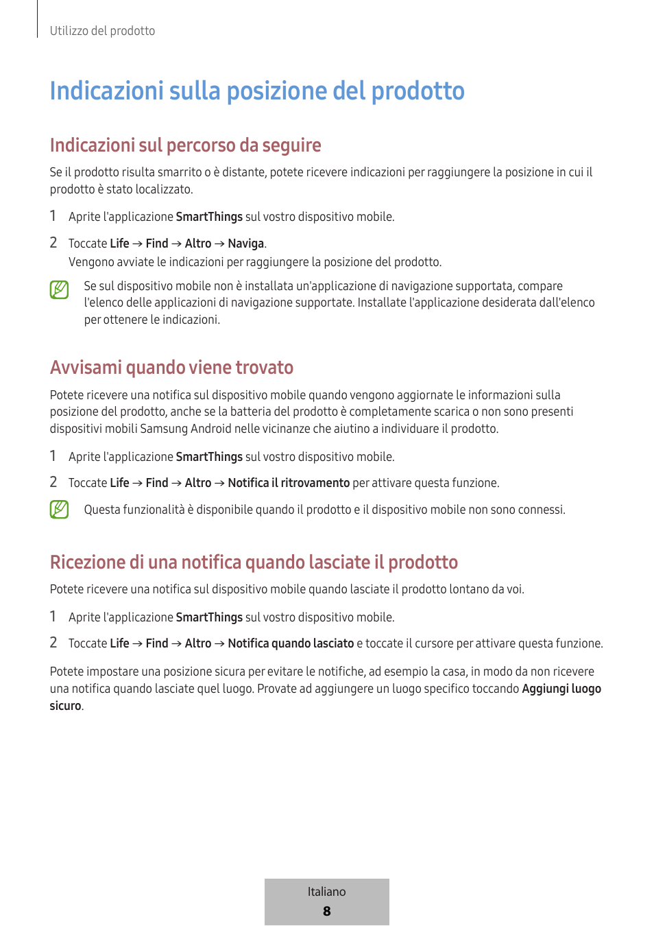 Indicazioni sulla posizione del prodotto, Indicazioni sul percorso da seguire, Avvisami quando viene trovato | Samsung SmartTag2 Wireless Tracker (White) User Manual | Page 76 / 798