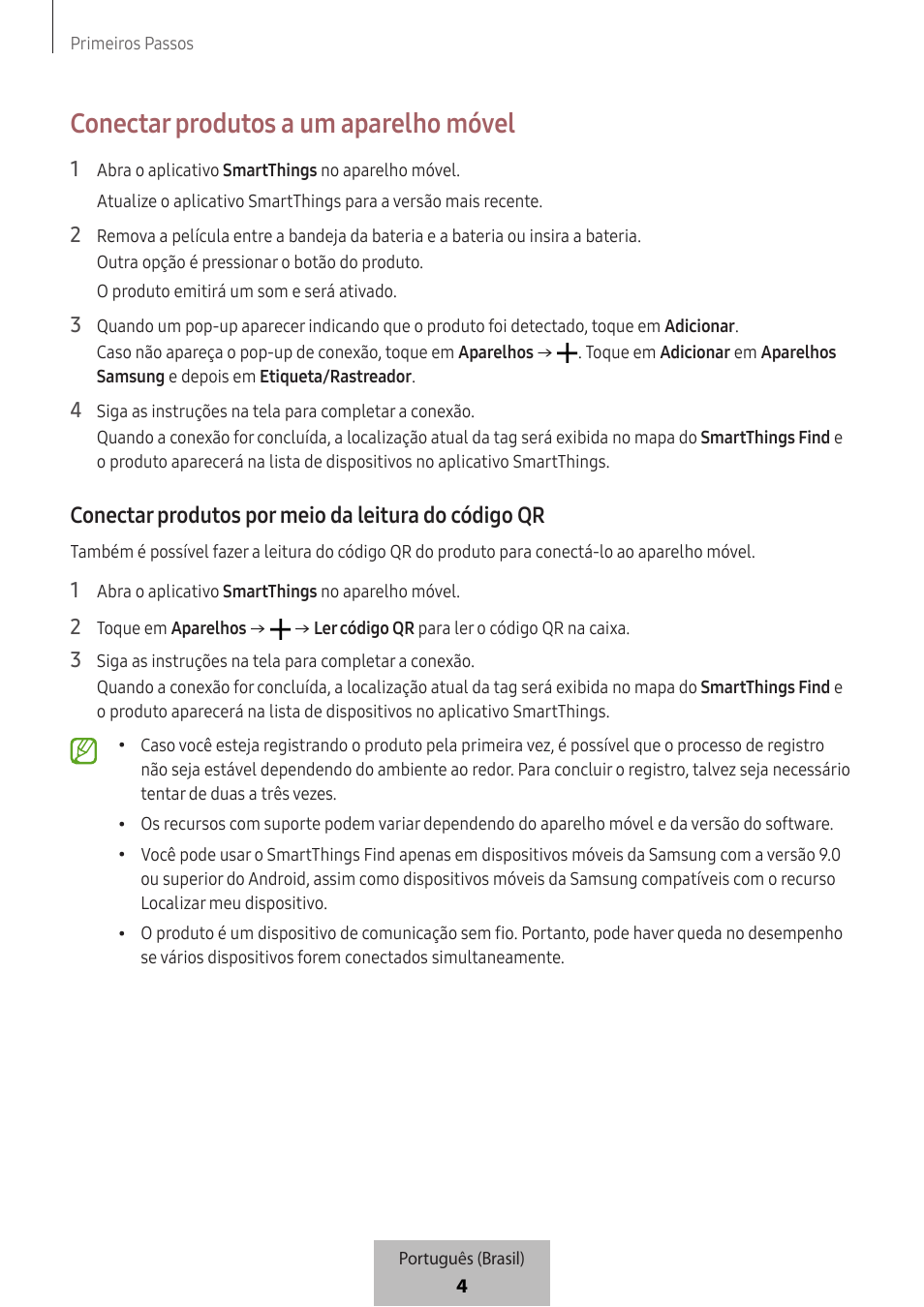 Conectar produtos a um aparelho móvel, Conectar produtos por meio da leitura do código qr | Samsung SmartTag2 Wireless Tracker (White) User Manual | Page 760 / 798