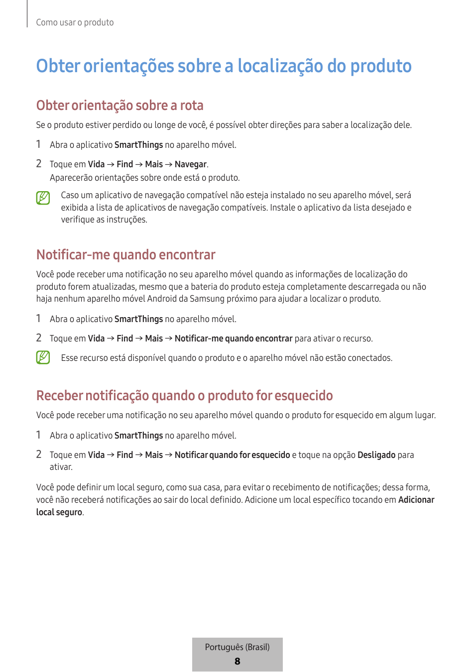 Obter orientações sobre a localização do produto, Obter orientação sobre a rota, Notificar-me quando encontrar | Receber notificação quando o produto for esquecido | Samsung SmartTag2 Wireless Tracker (White) User Manual | Page 764 / 798